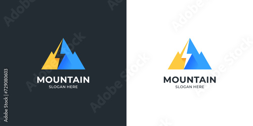 Simple mountain vector icon logo design. Abstract peak with negative space lightning shape.