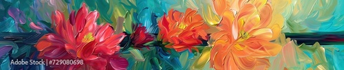 Cactus flowers panoramic banner image with colorful flowers