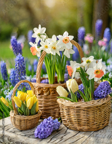 Spring decoration, tulips, daffodils, crocuses in wedge baskets on the background of a spring garden