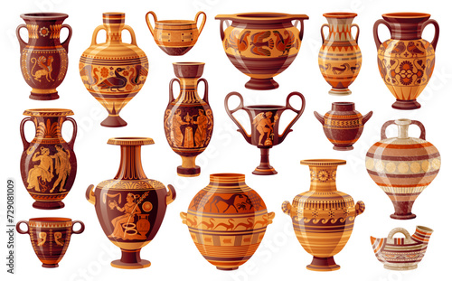 Old greek vases and amphorae, ancient pottery. Antique clay pots, jars for wine and vessels with classic roman mythology scenes. Ancient ceramic vases, greek pottery, vector cartoon illustration