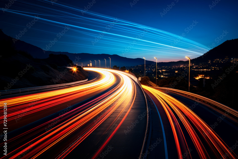 Long exposure of highway at night with lot of lights.