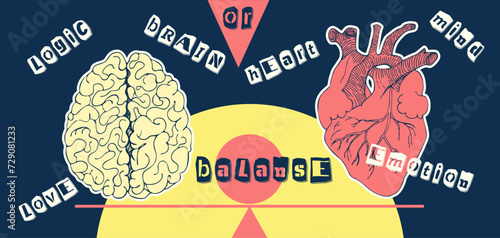 Concept heart VS brain. Vintage design collage poster. Mental health and emotional well-being symbols. Mind-heart balance hand drawn graphic art. Half tone and sketch doodle style. Vector illustration