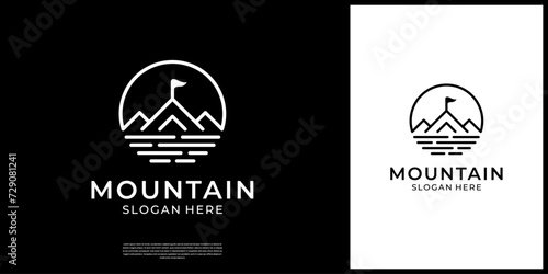 Mountain peak lake line art for travel adventure outdoor logo design.