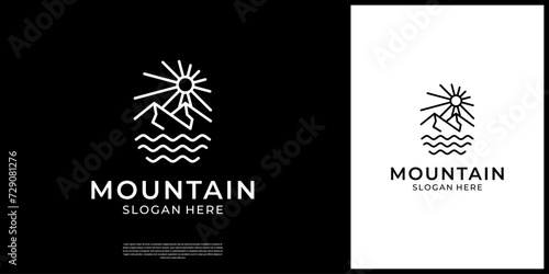 Minimalist mountain sun lake logo design template. Vector icon line art outdoor adventure travel logo.