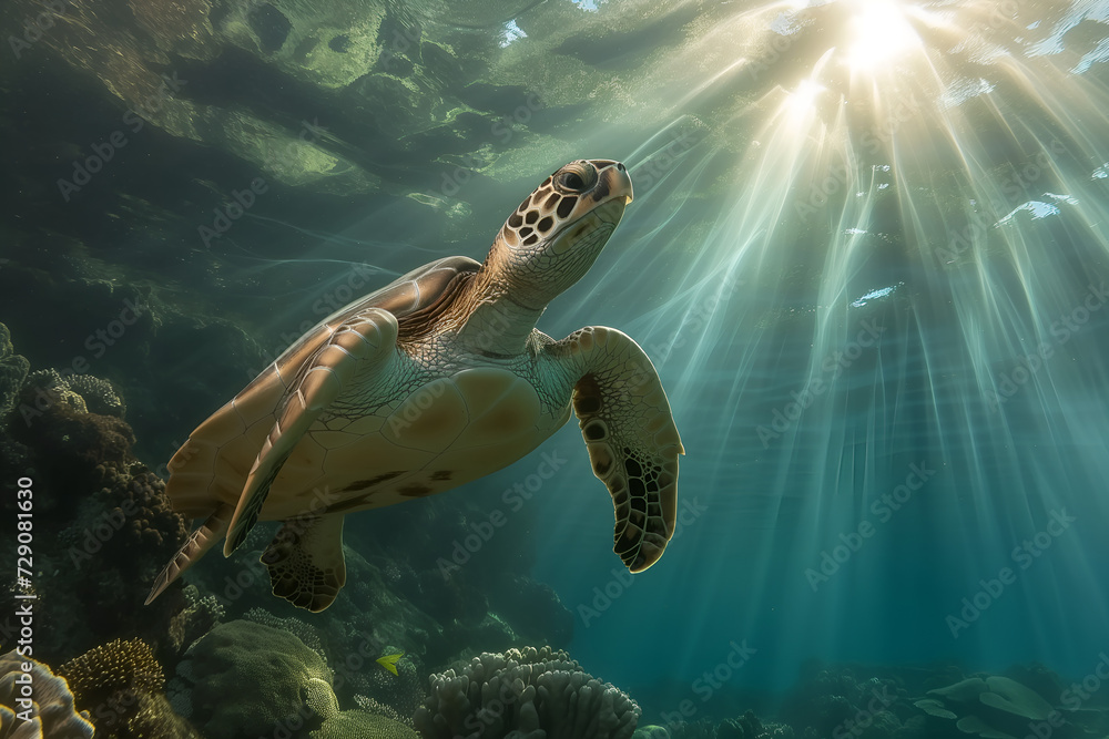 Fototapeta premium Sea Turtle Swimming Under Sunlit Waters