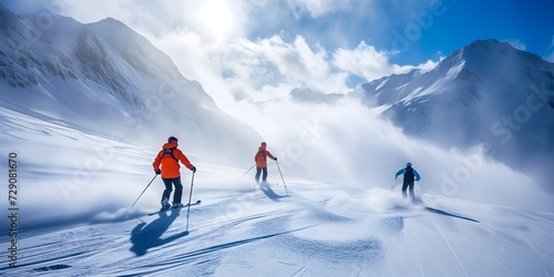 Skiers Enjoying the Snowy Mountain Peaks