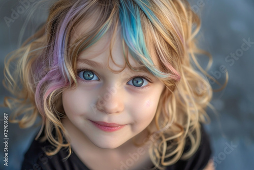 pretty multi-colored haired hairstyle child pose indoor smiling look at camera. Happy child in casual clothes. Positive little kid. girl looking at camera and smiling. Adorable six years old girl. photo
