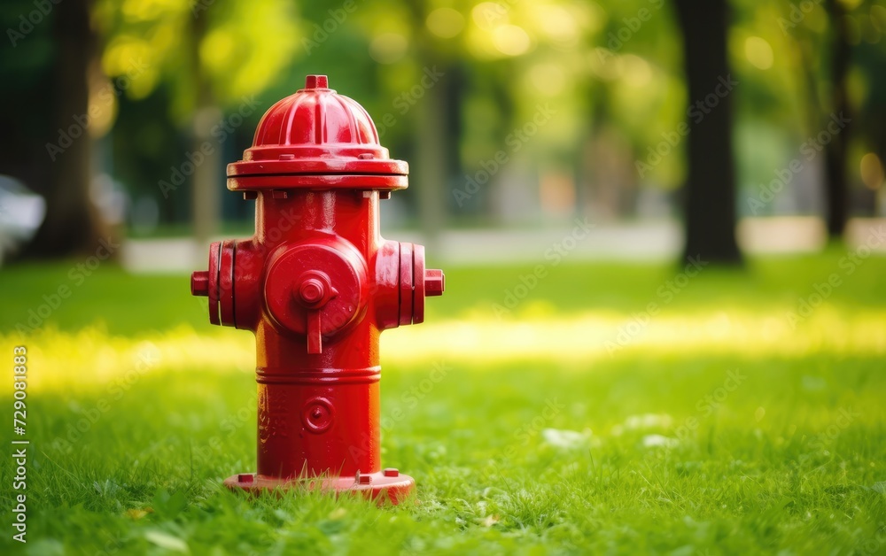 Fire safety. Red fire hydrant standing in park grass field sunlight Fire safety. Red fire hydrant standing in park grass field sunlight