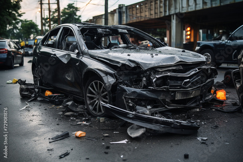Isolated of the condition of a long black sedan  which was demolished due to an accident  severely collided with another car causing damage until the front tire disappeared  often seen on Thai roads