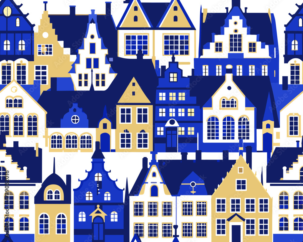 Building street seamless pattern. Layered european house with shadow background. Color flat cartoon architecture sign. Repeat ornament for paper wrap, fabric print, wallpaper decor Vector illustration