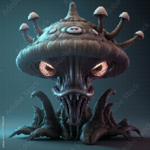 Fantastic mushroom creature. Vector pixelated illustration.