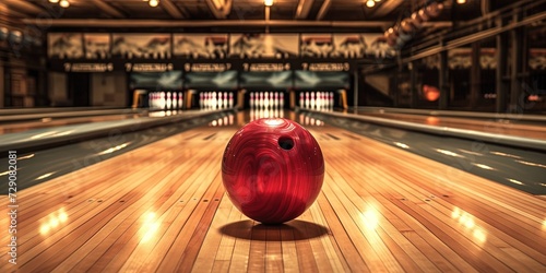 Bowling ball rolling down lane toward bowling pins in bowling alley photo