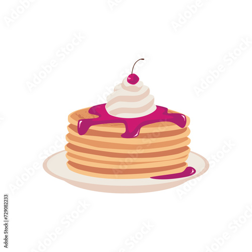 Stack of pancakes with jam fruit topping, whipped cream and cherry on a plate, vector delicious sweet baking food