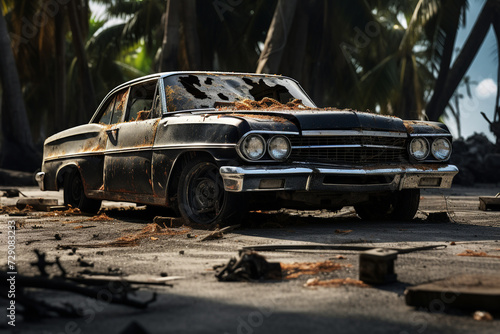 Isolated of the condition of a long black sedan, which was demolished due to an accident, severely collided with another car causing damage until the front tire disappeared, often seen on Thai roads