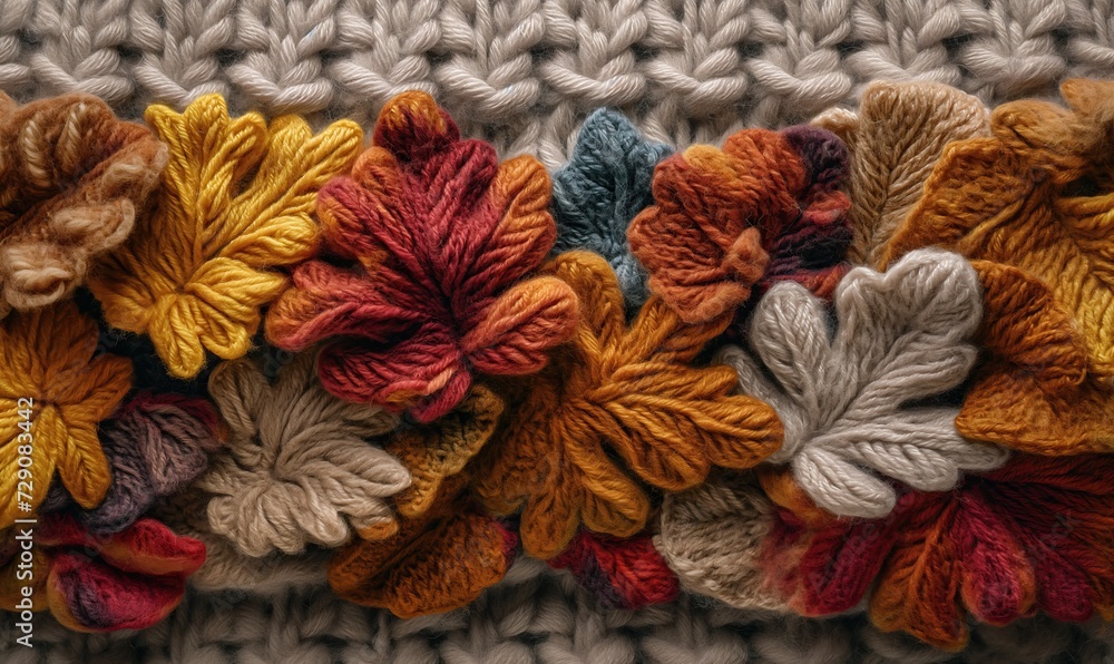 Abstract knitted background, autumn knitted leaves close-up.