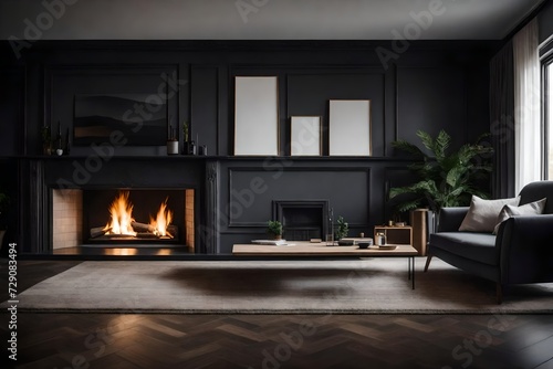 A cozy living room with a fireplace, where the wall mockup exhibits a series of black and white photographs in various sizes, capturing moments of everyday life.