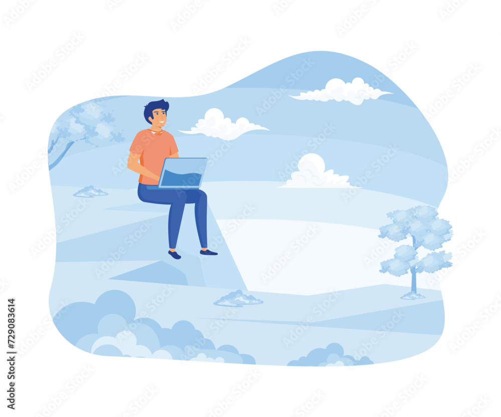 Work from anywhere concept. Male person using laptop computer outside in nature. flat vector modern illustration Work from anywhere concept. Male person using laptop computer outside in nature. flat vector modern illustration