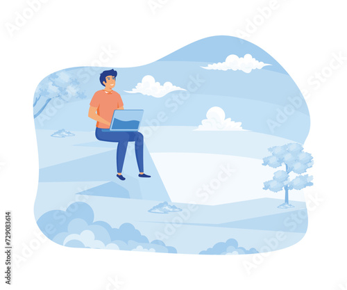 Work from anywhere concept. Male person using laptop computer outside in nature.  flat vector modern illustration 