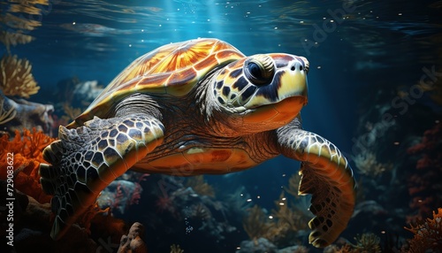 Graceful Sea Turtle Gliding Through Vibrant Coral Reefs Under Sunlit Waters