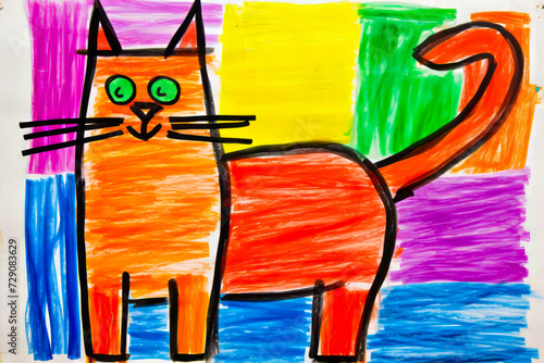 Drawing of cat with rainbow background and green eyed cat. photo