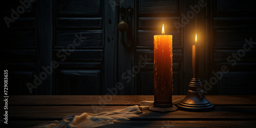 Faint light of a burning candle in the dark candlelight wallpaper background photo