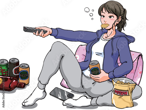 クッションにもたれ一人晩酌泥酔_ぐーたらする若い女性