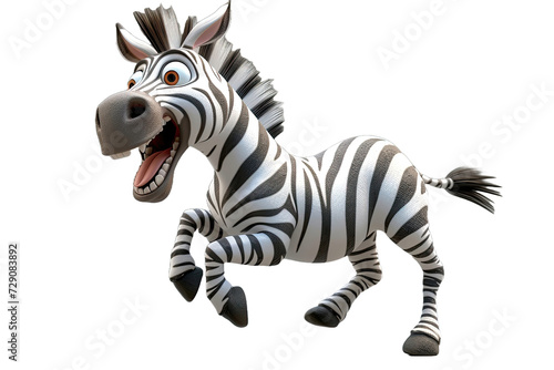 A zebra mid-trot  looking cheerful with a wide-open mouth.