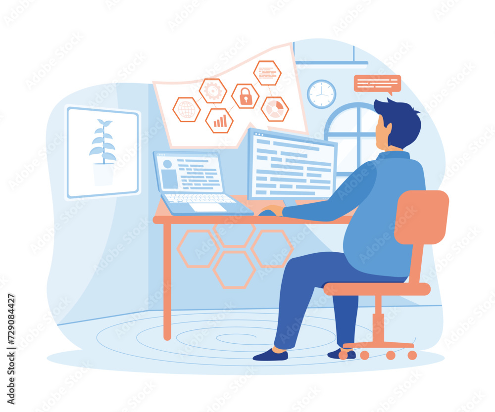Young programmer concentrated at working project. Developing programming and coding technologies.  flat vector modern illustration 