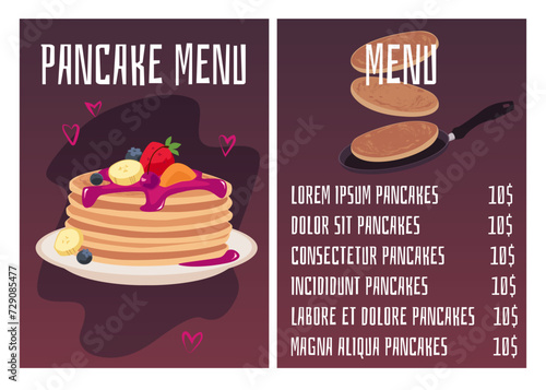 Pancakes vector menu template, stack of pancakes with jam topping, whipped cream, fruit berries on a plate, baking food