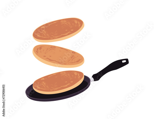 Pancakes toss in the pan, turn the pancake on the fly, vector delicious baking food, sweet dessert isolated on white