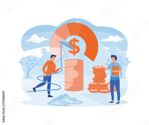 Oil price growth and management. Tiny people pull indicator arrow down with rope, reduce with efforts barrel high cost and increase financial profit, global oil marketing. flat vector modern illustrat