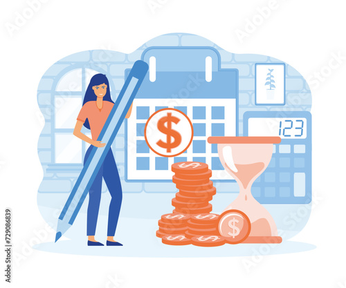 Payment date. Woman standing near calendar and holding pencil with due date. flat vector modern illustration 