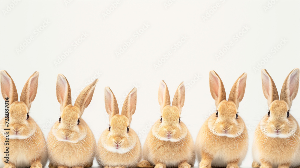 Obraz premium Minimal Easter card with brown bunnies standing in line on white background looking up into the camera.