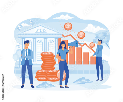 Financial crisis. People are hostages of financial instability, an attempt to prevent bankruptcy. flat vector modern illustration 