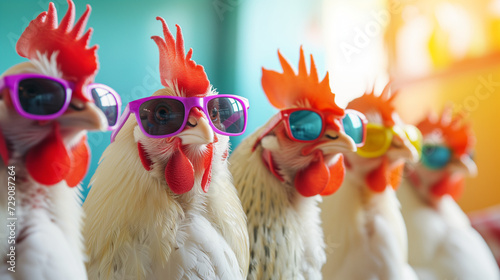Wallpaper Mural Roosters with colorful sun glasses in a row  on minimal bright background. Vibrant colour. Funny Easter idea Torontodigital.ca