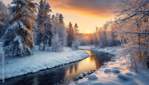 Winter sunset over snowy forest and river landscape 