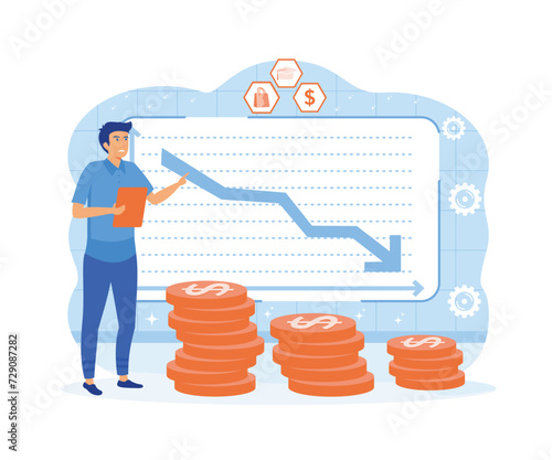 Financial crisis concept. A man goes bankrupt and loses money, savings.  flat vector modern illustration 
