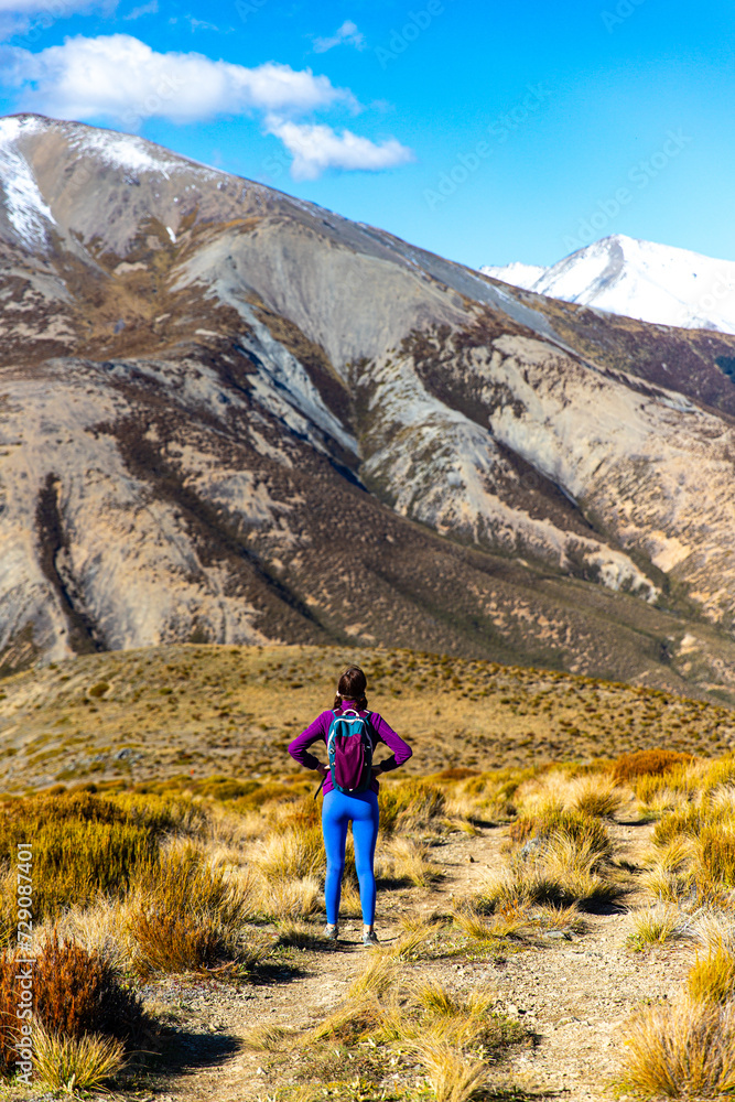 adventurous hiker girl on the way to the top of trig m, scenic peak in new zealand alps, near arthur's pass village and lake lyndon; 