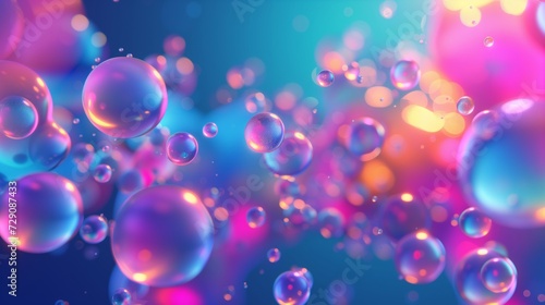 Abstract 3D fluid bubbles neon light color background.
