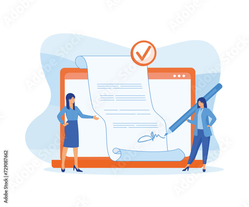 Mortgage process concept. Woman signing contract and legal documents and receiving house keys. flat vector modern illustration 