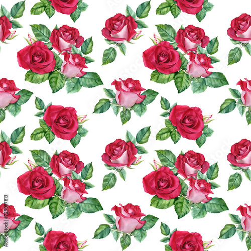 Seamless pattern with flower Rose blooms, buds and leaves. Botanical watercolor repeat pattern. For wrapping wallpaper fabric textile © Modesta