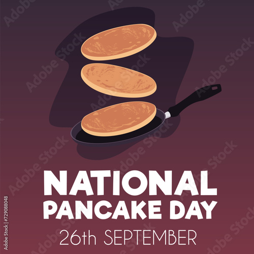 Pancakes toss in the pan, turn the pancake on fly, cartoon delicious baking food, National pancake day vector poster