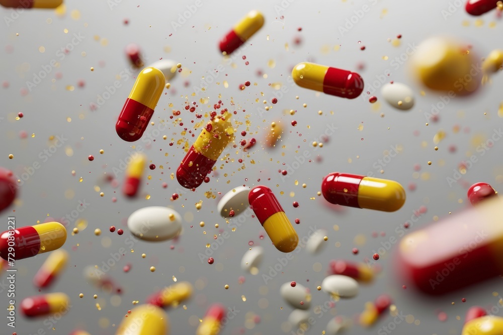 Medicine pharmaceuticals healthcare, healthy flying pills capsules ailments. Health cure illnesses. Risk of explosion, drugs carefully prescribed and isolated. White tablets pain relief painkillers. Medicine pharmaceuticals healthcare, healthy flying pills capsules ailments. Health cure illnesses. Risk of explosion, drugs carefully prescribed and isolated. White tablets pain relief painkillers.
