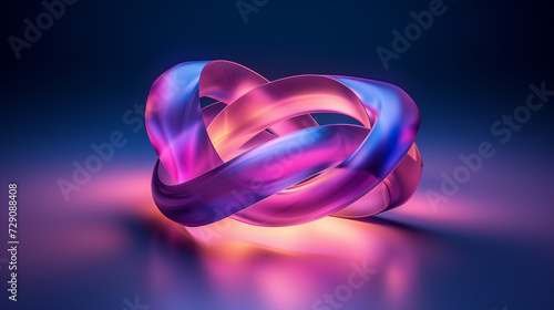 Abstract neon glowing Mobius strip with vibrant pink and blue hues on a dark background, illustrating concepts of infinity, technology, or futuristic design photo