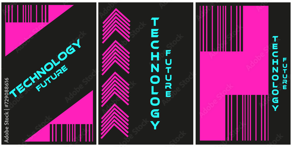 Set posters with neon Cyberpunk Geometric element isolated black background. Technology future banner Geometrical shapes. Vector illustration can used web social media and mobile app design. EPS 10 Set posters with neon Cyberpunk Geometric element isolated black background. Technology future banner Geometrical shapes. Vector illustration can used web social media and mobile app design. EPS 10