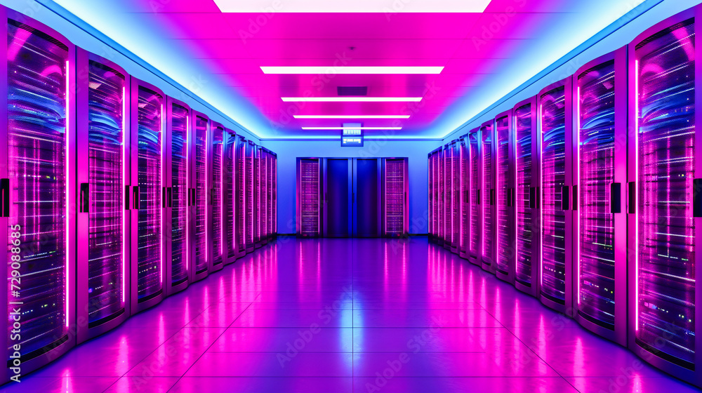 Fototapeta premium Modern server room with high-tech networking equipment, symbolizing advanced data storage and communication in a digital infrastructure