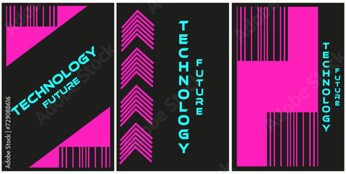 Set posters with neon Cyberpunk Geometric element isolated black background. Technology future banner Geometrical shapes. Vector illustration can used web social media and mobile app design. EPS 10