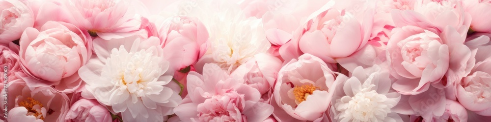 Beautiful background of fresh pink peonies in full bloom, close-up, top view. The concept of a happy Mother's Day, birthday or Valentine's Day greeting card.