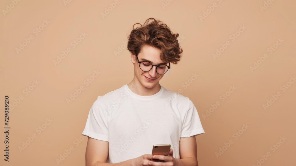 young man with curly hair wearing glasses and a white T-shirt, smiling while looking at his smartphone young man with curly hair wearing glasses and a white T-shirt, smiling while looking at his smartphone