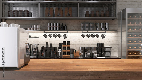Wooden countertop counter with espresso machine in modern loft, white brick wall coffee shop cafe for product display background 3D photo